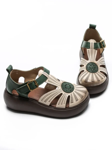 Sandale Dama din piele naturala 10682 CREAM-GREEN | ADVANCER